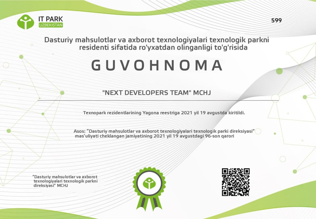 IT Park Uzbekistan rezidenti guvohnomasi — Next Developers Team MCHJ